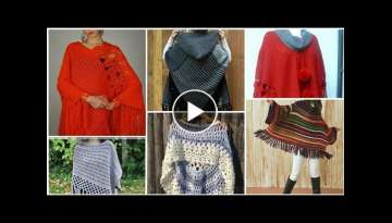 Trendy designer handmade warm wool fabric crochet knitted lace pattern poncho shawls,hoodie desig...