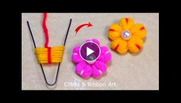 Amazing Trick with Hair Pin - Easy Woolen Flower Making Ideas - Hand Embroidery Flower Design