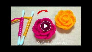 Amazing Trick with Cotton Bud - Super Easy Woolen Rose Making Ideas - Hand Embroidery Flower Desi...