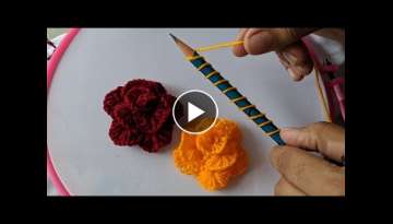 Amazing Hand Embroidery Rose flower design trick with pencil | 3d Easy Woolen Flower Ideas