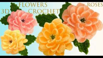 CROCHET 3 D ROSE FLOWER WITH LEAVES
