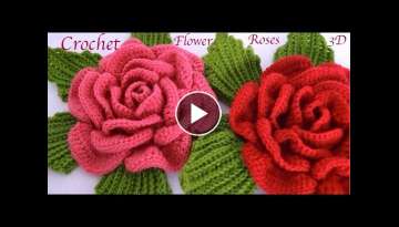 Como hacer flores Rosas gigantes 3D con hojas a Crochet paso a paso tejido tallermanualperu