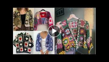 Crochet square knitted flower pattern half jackets/crochet colourful shrug design ideas