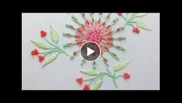 Hand embroidery pattern of a flower with cable chain stitch and french knots