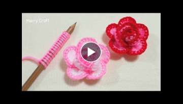 Amazing Rose Flower Making Idea with Pencil - Hand Embroidery Design -Easy Trick -DIY Woolen Flow...