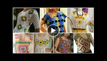 Trendy designer fancy cotton yarn granny square pattern women fashion Crop top, beige blouse dres... Trendy designer fancy cotton yarn granny square pattern women fashion Crop top, beige blouse dres...