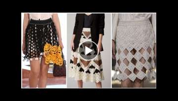 Stylish hand made knitted knee length crochet skirt pattern English and Russian fashion boho fash...