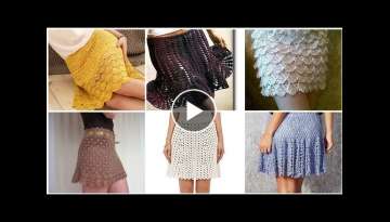 Trendy hand made knitted knee length crochet skirt pattern English and Russian fashion, boho fash...