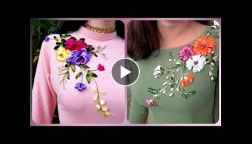 BEAUTIFUL AND ATTRACTIVE RIBBON EMBROIDERY NECK DESIGN IDEAS FOR GIRLS KURTIS TOPS AND SHIRTS
